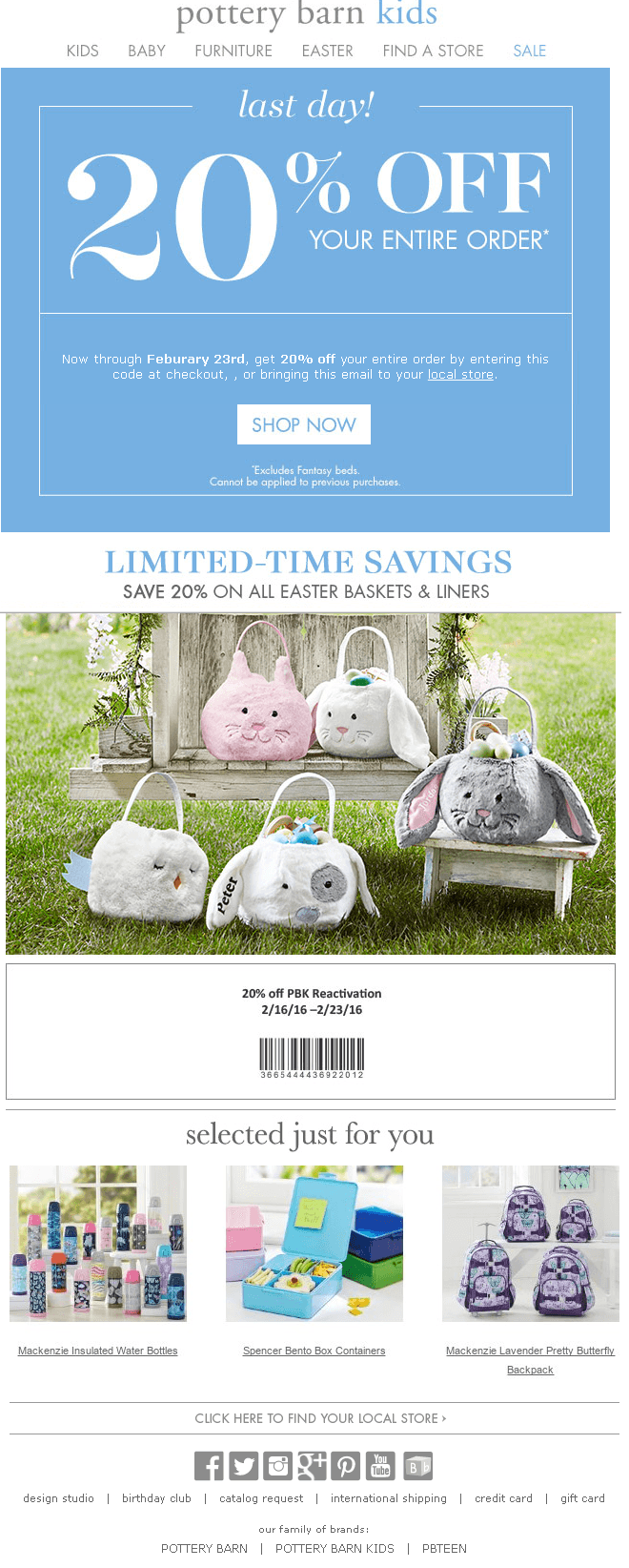 Pottery Barn Kids re-engagement email example