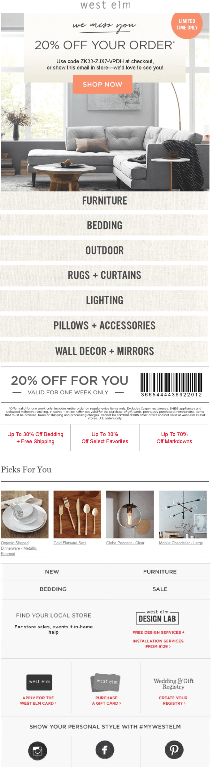West Elm re-engagement email example