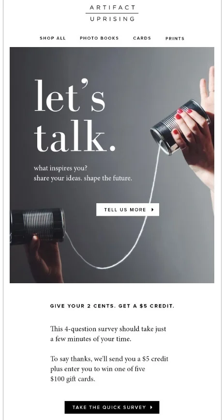 Artifact Uprising survey invitation email example, second send