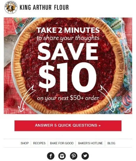 King Arthur Flour survey invitation email example, second send