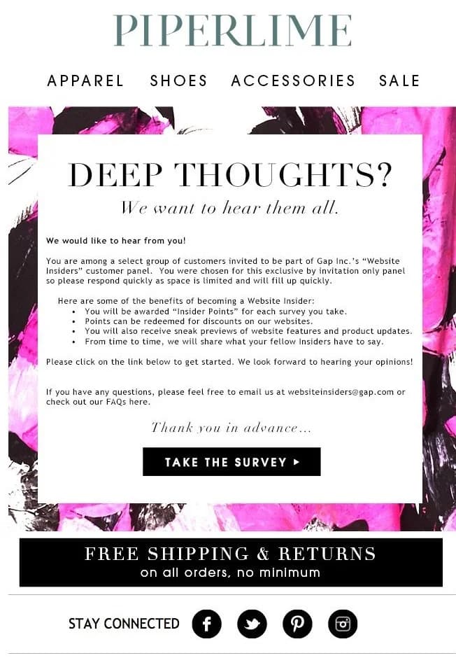 Piperlime survey invitation email example