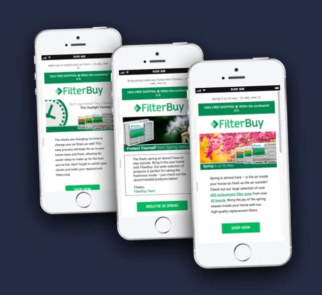 Three phones showing FilterBuy promotional emails: daylight savings reminder, spring allergies, and spring seasonal campaign with free shipping banners.