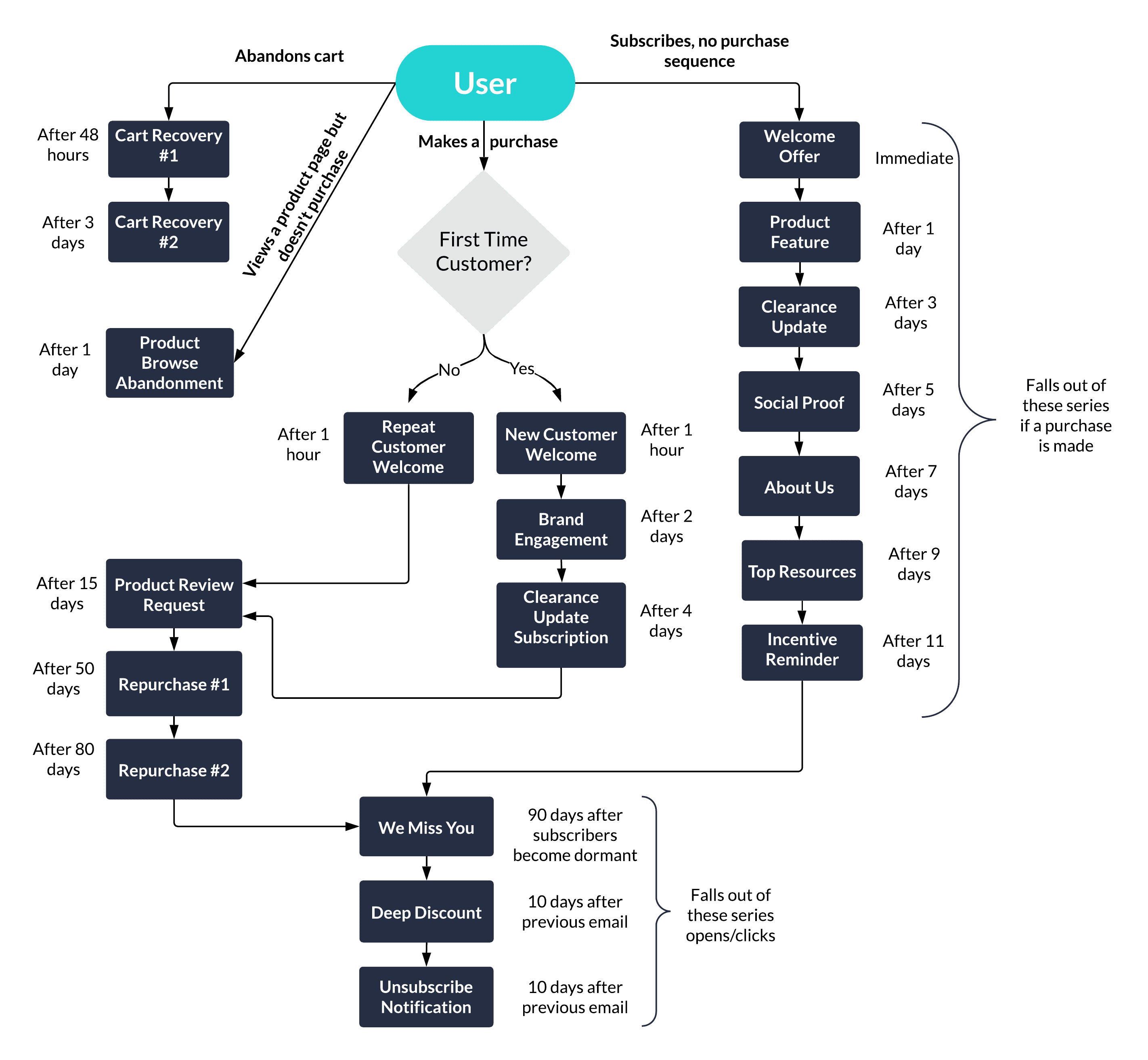 Flow diagram: user journey from entry through first-time vs repeat customer paths, cart and browse abandonment, repurchase, welcome series, and win-back sequences.