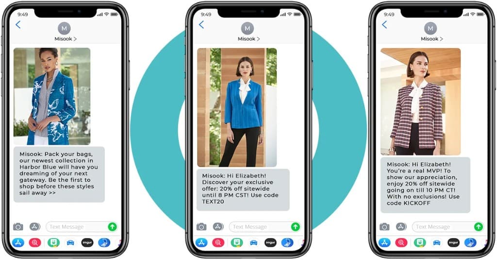 Three phones showing Misook SMS campaigns: Harbor Blue collection launch, personalized 20% off with code TEXT20, and VIP appreciation offer with code KICKOFF.