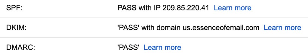 Gmail authentication summary: SPF PASS with Google IP, DKIM PASS with sender domain, DMARC PASS